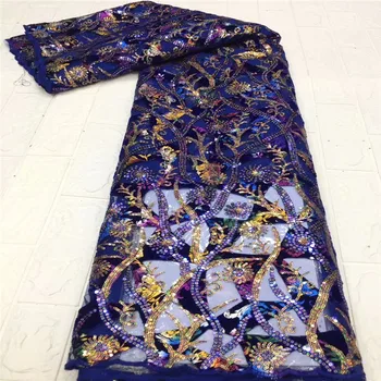 

African Lace Fabric Latest Nigerian Sequins Velvet Lace Fabrics High Quality French Mesh Net Lace Sequence Fabric blue/gold