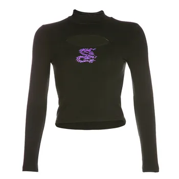 

YYXZ Autumn Fashion Slim Print Dragon Hollow Out Long Sleeve Lady Tee SML Turtleneck Woman Casual Short Cotton T-Shirt Crop Top