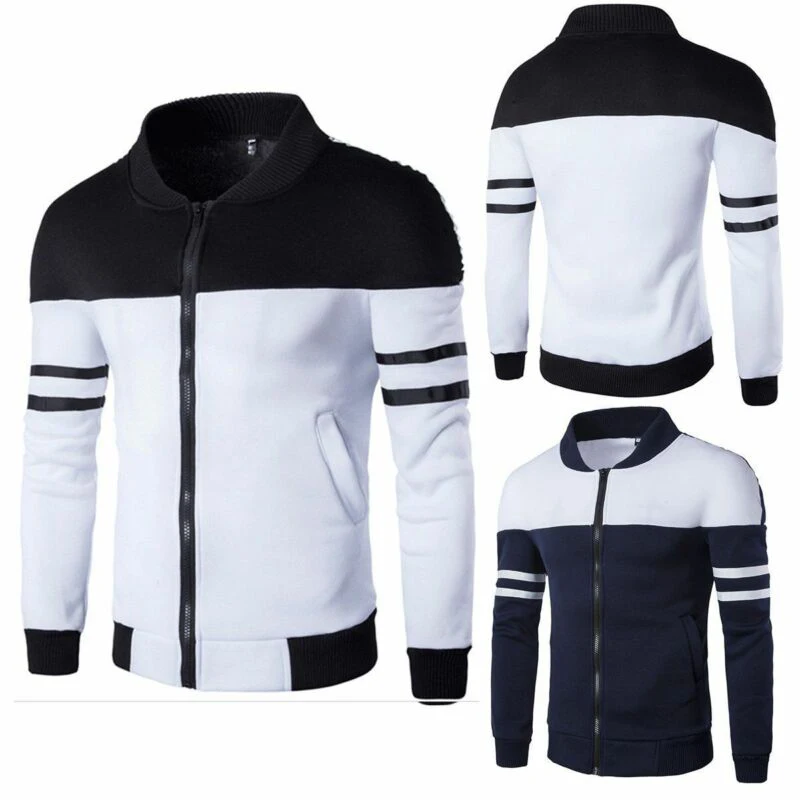 

New Men's Casual Slim Plain Hoodie Jacket Fleece Zip Up Pockets Sweatshirt Hooded Zipper Striped Tops