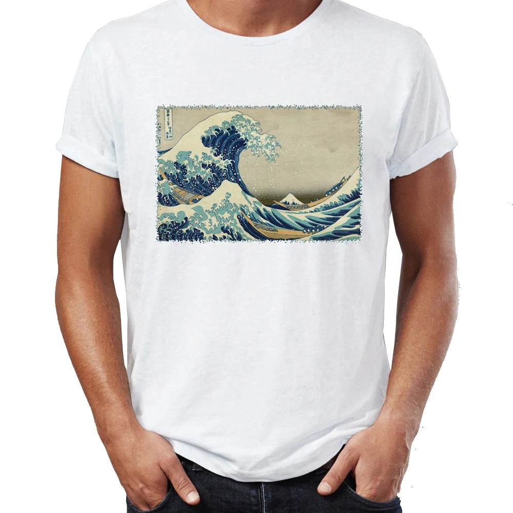 

Brand New Men T Shirts 100% Cotton The Great Wave Off Kanagawa Japanese Art Awesome Artwork Printed O-neck Tee Shirts Oversize