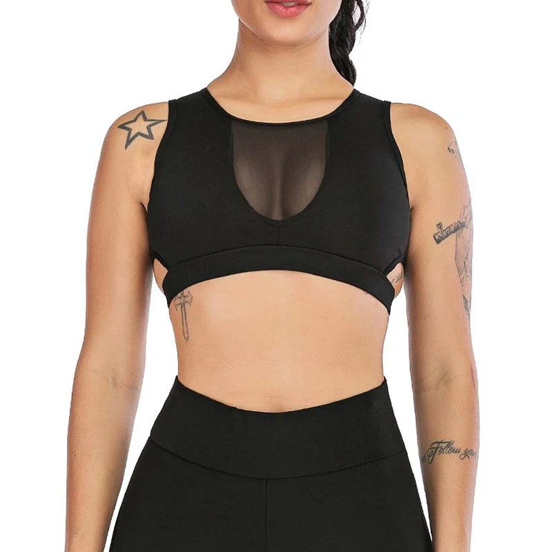 Sfit Fashion Women Deep V Perspective Sexy Delicate Doreen Non-Wired Everyday Sports Bra Solid Color Yoga Running Vest - Цвет: Black