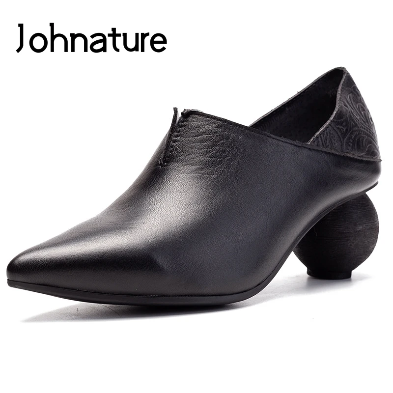 

Johnature Pumps Women Shoes Genuine Leather Retro Heels Casual Pointed Toe 2019 New Autumn Shallow Ladies Shoes Women Heels