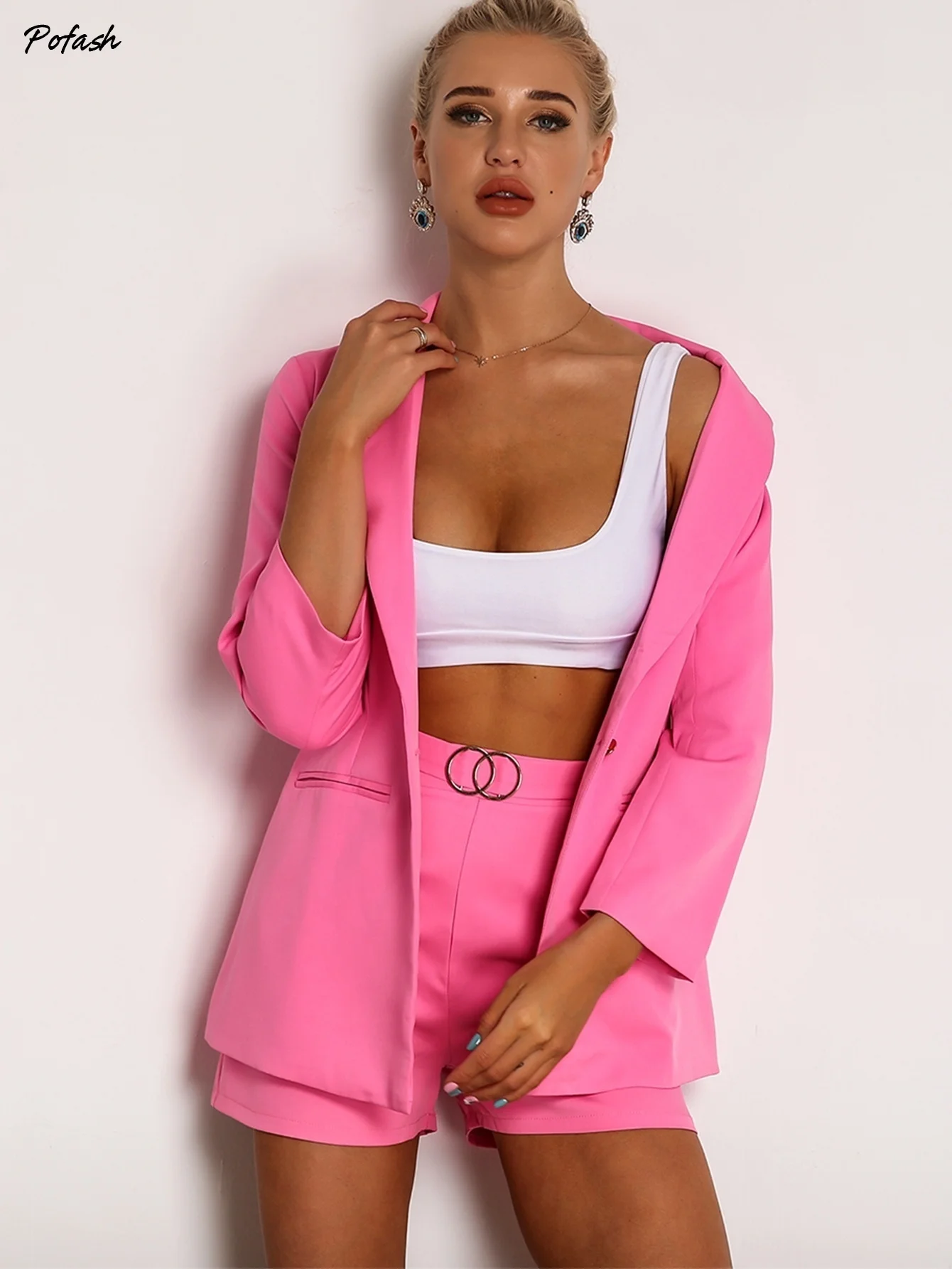 Joyfunear Notched Collar Blazer & O-ring Detail Shorts Set Joyfunear Notched Collar Blazer & O-ring Detail Shorts Set