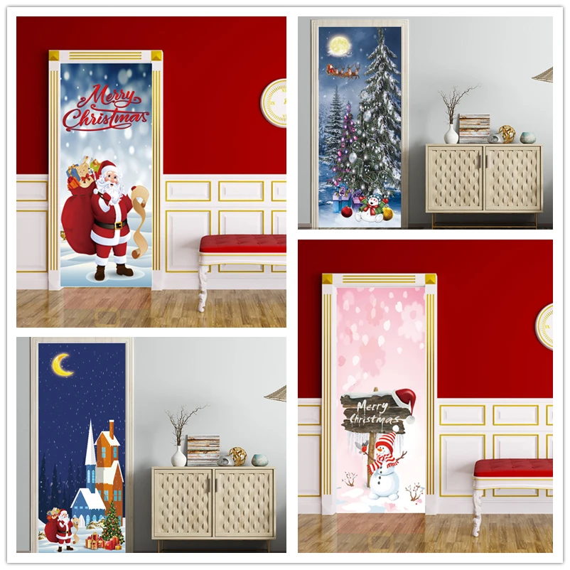 

Christmas Door Stickers for Home Decoration 3D Visual Wallpaper Self-Adhesive Waterproof Wall Sticker New Year's Eve Decorations