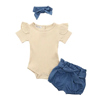 

Baby Girl Tops Clothing Newborn Kids Baby Girls Outfits Clothes Romper Bodysuit+Flower Printed Shorts+Headband Set