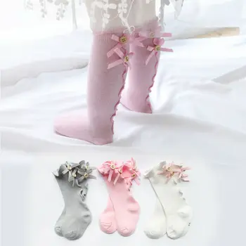

0-3Y 6 ColorsNew Baby Girl Winter Warm Stocking Infant Cotton Ruched Bowknot Solid Knee-Length Stocking For Newborn