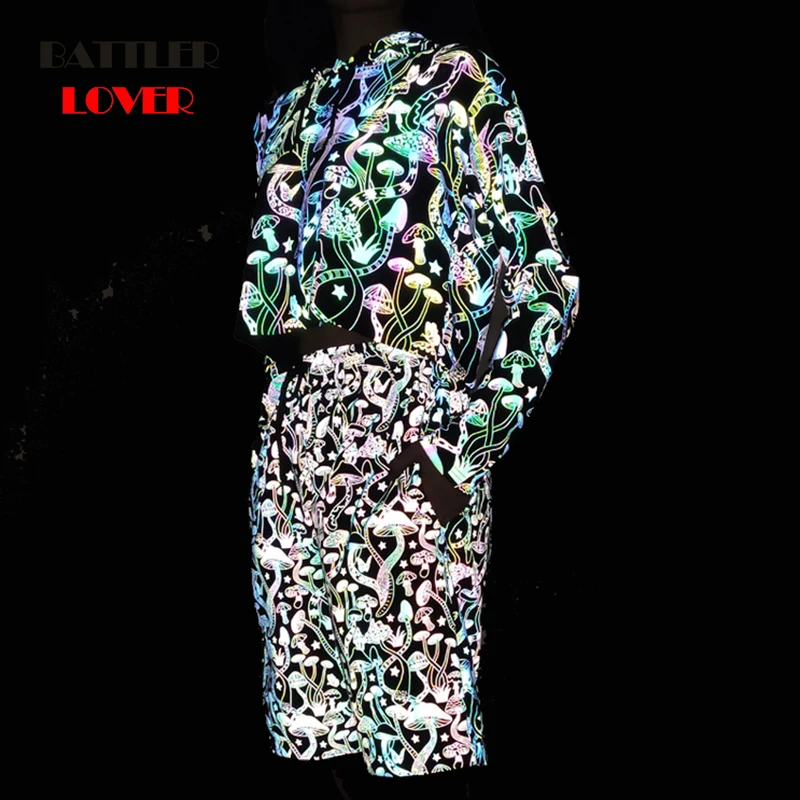 Men 3D Mushroom Reflective Shorts Joggers Hip Hop Dance Show Party Night Light Jogger Baggy Mid Short for Lovers Plus Size 3XL