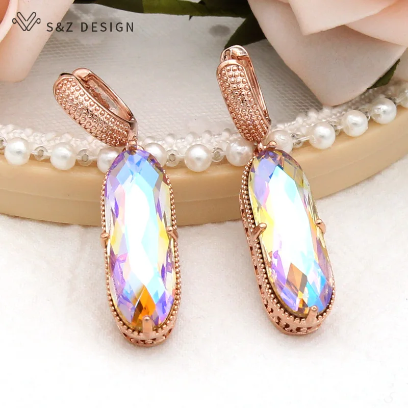 S&Z DESIGN Vintage Large Egg Shape Oval Crystal Dangle Earrings For Women Wedding 585 Rose Gold Color Jewelry