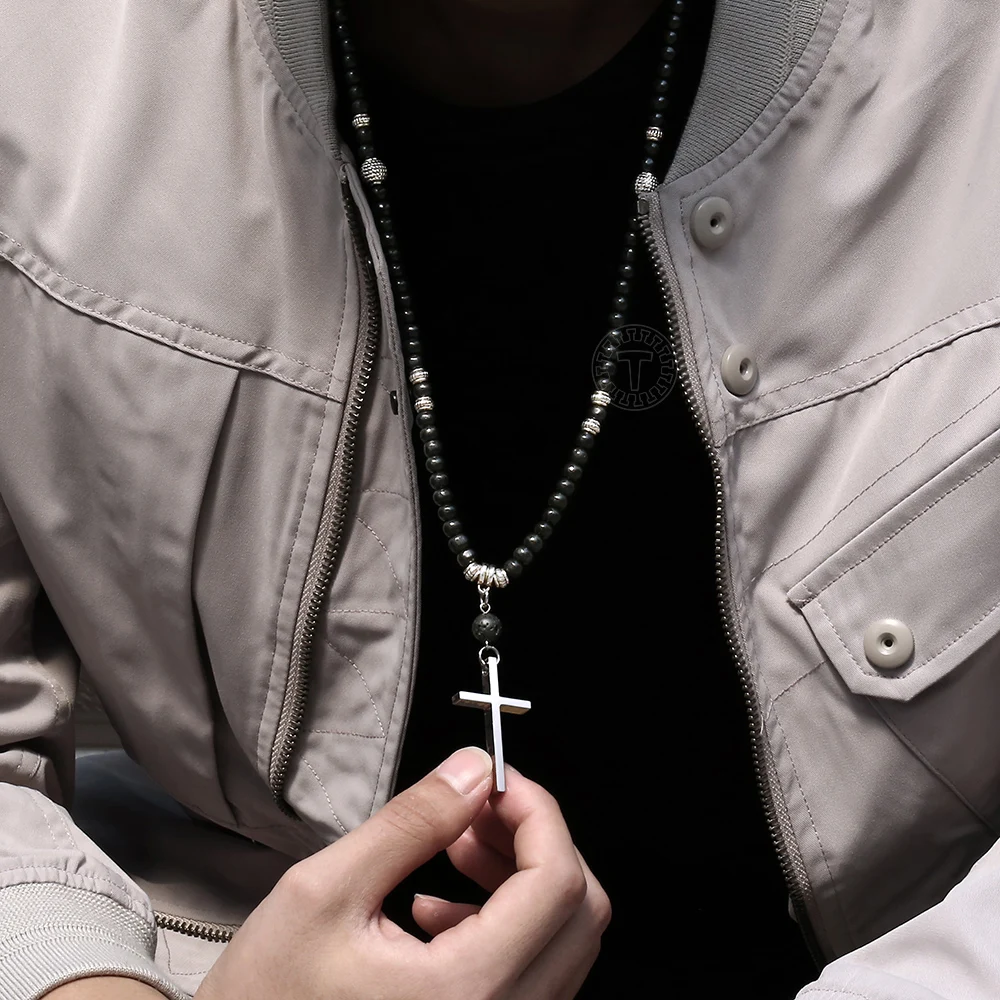 

Stainless Steel Cross Pendant Necklace for Men Crucifix Long Wooden Beads Necklace 28inch Neck Jewelry Gifts Fashion LDN165