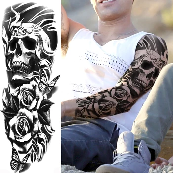 

Long Skeleton King Temporary Tattoos For Men Women Body Art Full Arm Sleeve Skull Butterfly Tatoo Disposable Fake Tattoo Sticker