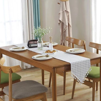 

Plaid Decorative Linen Tablecloth With Tassel Waterproof Oilproof Thick Wedding Dining Table Cover Tea Table Cloth