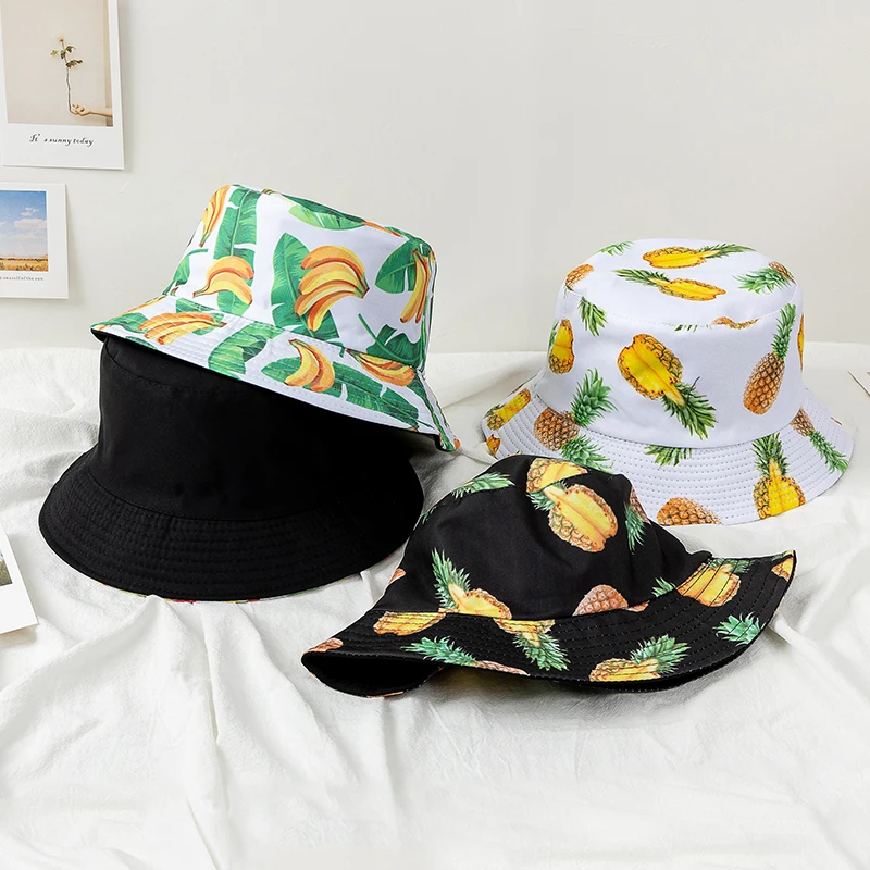 Hot Sale Unisex Bucket Hats Summer Double-sided Wear Fruit Printing Women Cap Outdoor Sun Hat Men Classic Panama Bucket Hat
