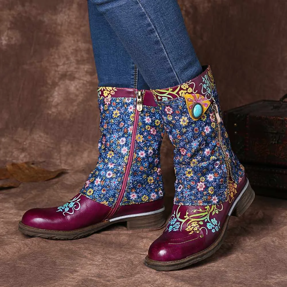 SOCOFY/Высококачественные ботинки в стиле ретро; Zapatillas; кожа; маленький цветочный узор; обувь на плоской подошве с прострочкой на молнии; женская обувь;