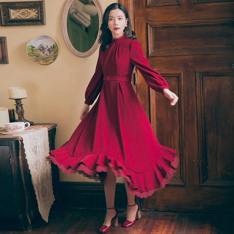 

2019 new fashion women's Ruffled lace patchwork red dress