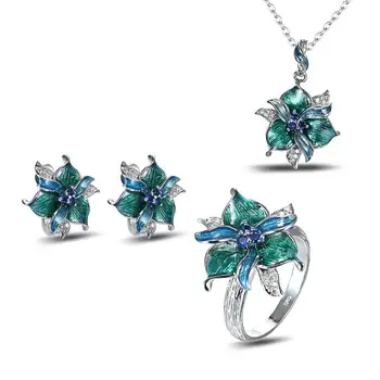 

new Bohemian Style Jewelry Sets S925 Women Vintage green Enamel Flower Necklace Ring Earrings Jewelry Set