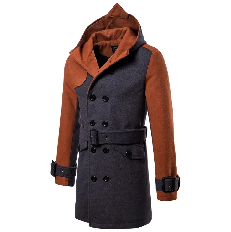

Tide Men Winter Wool & Blends Belt Male Jacket British Style Long Windbreaker Jacket Pop Tide Double Breasted Hooded Woolen Coat