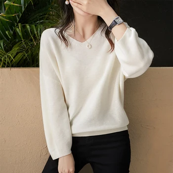 

2020 loose sweater Women autumn knitted sweaters Female Tops Korean pullovers Nine points sleeve sweater Woman V-neck Solid New