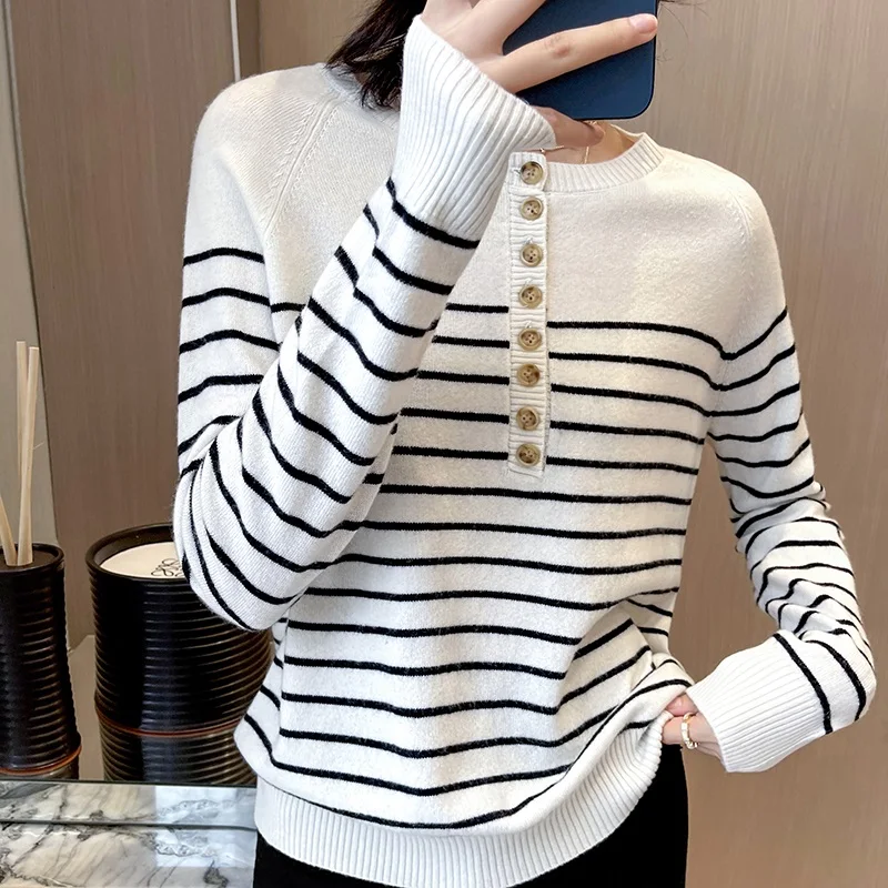 

Hot Sale 100% Wool Women's Sweaters And Pullovers Autumn Female O-Neck Long SLeeve Striped Soft Jumper Tops Spring Casual