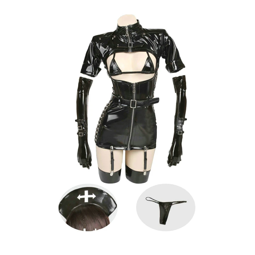 Sexy Dark Reign Nurse Cosplay Costume Leather Dress Leotard Elastic Clack Hot Anime Cosplay Full Set H132661f3c42c404a88041293c90ff1123