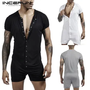 

INCERUN Fashion Men Pajamas Rompers Homewear Short Sleeve Button Slim Sleepwear Jumpsuit 2020 Solid Mens Playsuit Pyjamas 5XL