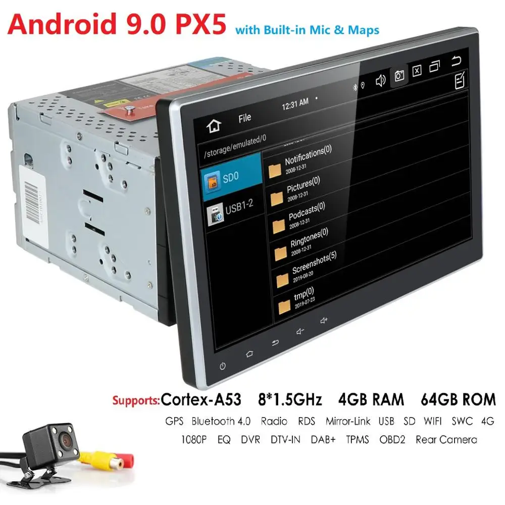 10,1 дюймов 2Din Android 9,0 Универсальный Автомобильный без DVD плеер стерео радио gps навигация wifi Bluetooth DAB OBD2 TVbox 4 Гб ram+ карта+ камера