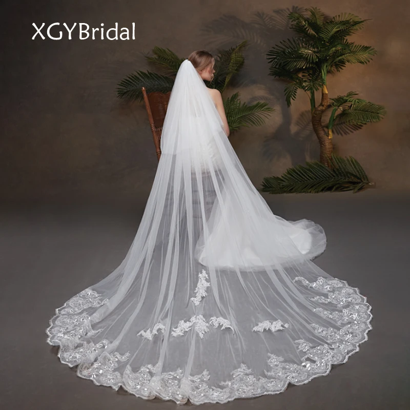 

New Bridal Veils Two Layer Long Wedding Veil Cathedral Sequin Lace Headdress With Hair Comb Wedding Accessories