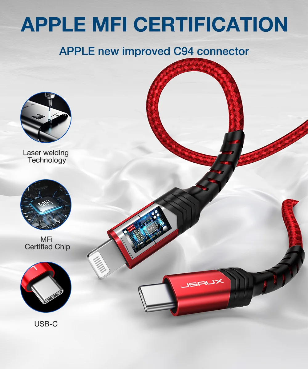 JSAUX [MFi Certified] PD кабель совместим с iPhone 11/11 Pro/11 Pro Max/X/XS/XR/XS Max/8/8 Plus, поддерживает подачу питания