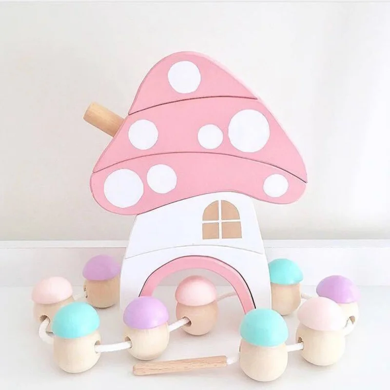 

Cute Wooden Block Mushroom Rainbow Ornament DIY Children Building Blocks Toys Kids Room Decor Crafts