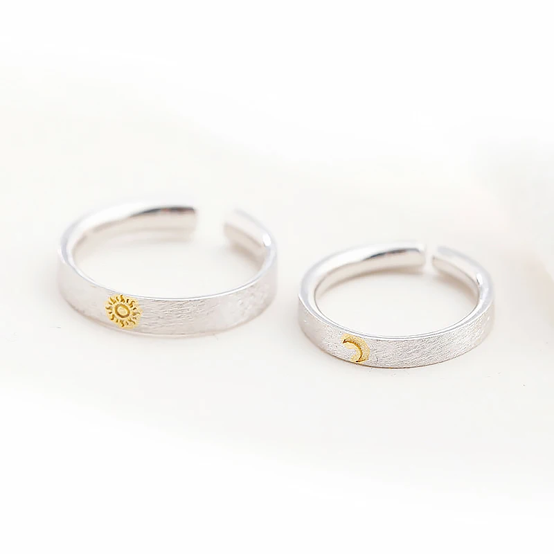 Простой дизайн, золотые парные кольца с солнцем и луной для мужчин и женщин, одноцветные кольца из серебра 925 пробы, матовая поверхность, регулируемые открытые манжеты, свадебные кольца - Цвет основного камня: Couple Rings