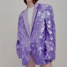 Blazer à paillettes violettes pour femmes, haut de gamme, veste de costume, ample, manteau de fête d'anniversaire, tenues à manches longues 