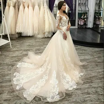 

Vestido de Noiva Tulle Long Sleeve Wedding Dress 2020 Appliques Lace Bridal Gowns Custom Made Back Button Bride Dresses