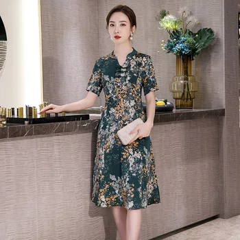 

Green Spring Women Sexy Rayon Aodai Dress Print Flower Chinese Style Evening Party Qipao Handmade Button Vintage Cheongsam M-4XL