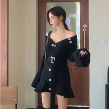 Элегантное двубортное расклешенное платье для женщин, зимний OL корейский стиль, свитер с ремешками, платье, сексуальный кардиган с v-образным вырезом, Vestidos