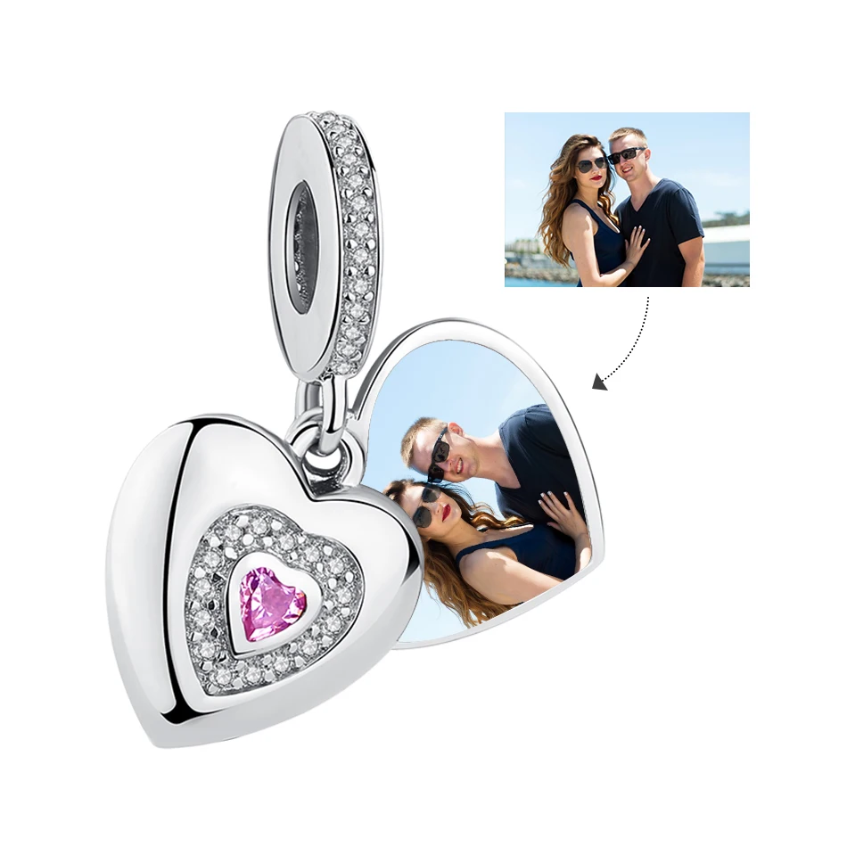 

Unique Love Heart Pendant Charms Pink CZ Custom Photo Beads for Jewelry Making Women Couple 925 Sterling Silver Jewelry Gift