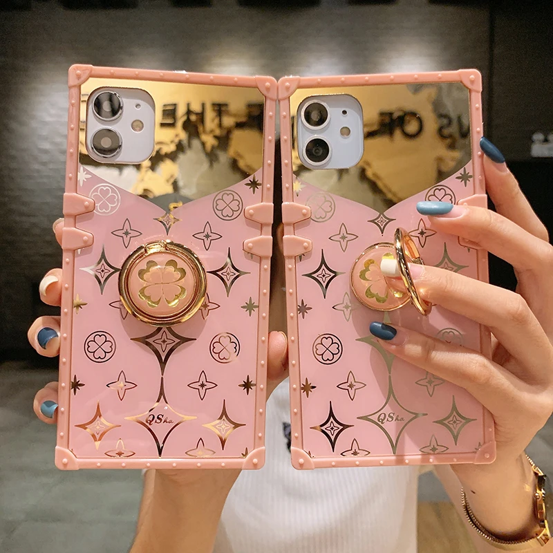 Luxury Square Cute Clover Pink Case For iPhone 12 11 Pro Max Soft Silicone Mirror Phone Cover For iPhone X XS Max XR 6S 7 8 Plus (1)