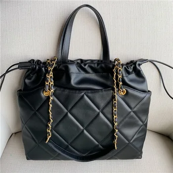 

Large-Capacity Chain Tote Bag Shoulder Handle Women's Bags Drawstring Bucket Black Vintage Brand Design