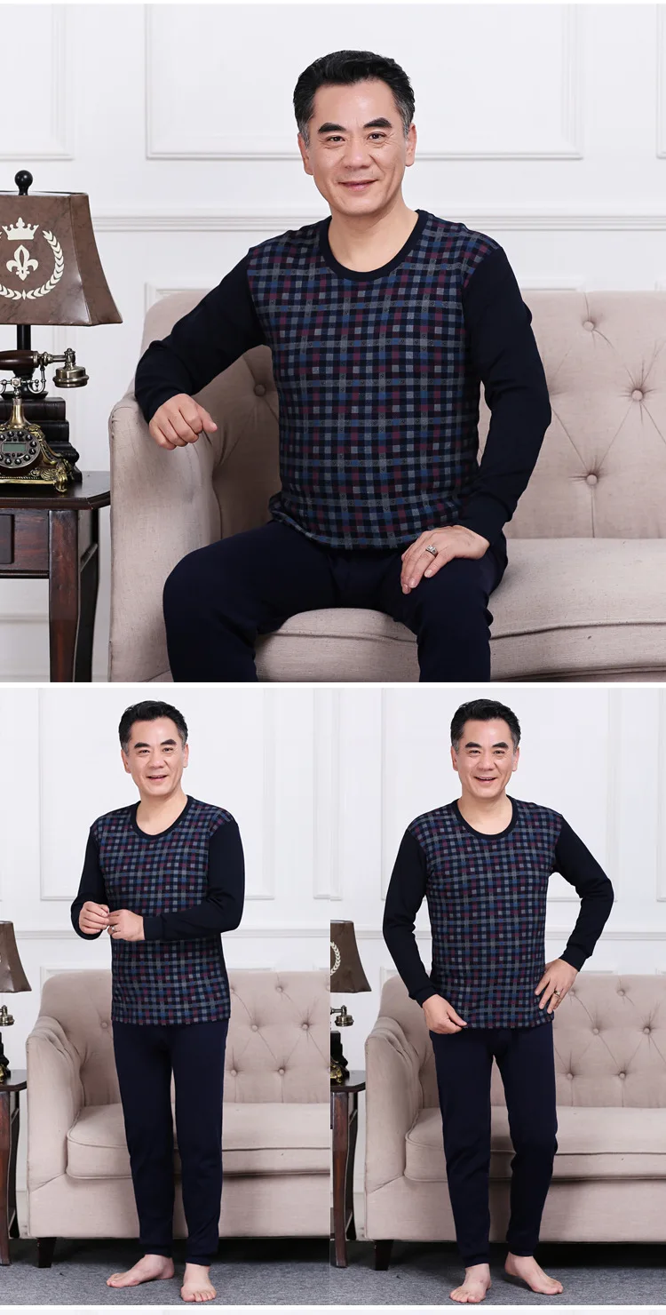 Middle-aged and old men's cotton thermal underwear for father's warmth underwear suit merino wool long underwear