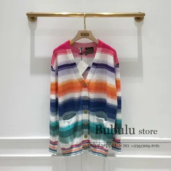 

luxury designer women 2020 Autumn Fashion sweaters Colorful Eye-Catching Rainbow Color slouchy Knitted Cardigan sweater jumpers