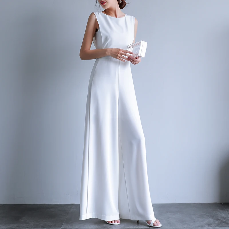 

2019 Summer Female Plus Size Elegant Loose Jumpsuit Trousers Women Casual Long Pants Overalls in White Black