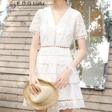 EDGLuLu белые кружевные платья Высокое качество макси платье осенняя одежда для женщин с длинным рукавом v-образным вырезом бальное платье винтажное вечернее платье