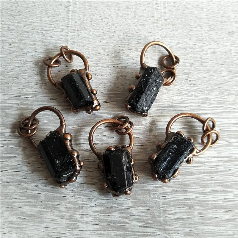 FUWO Hot Sale Black Tourmaline Pendant With Antique Copper Plated Natural Semi Precious Stone Retro Jewelry Wholesale PD376 5Pcs 4