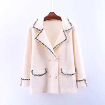 

2019 New Spring Autumn All-match Mink Cashmere Knitted Cardigans All-match Suits Collar Blazers Jacket Coat Double Breasted
