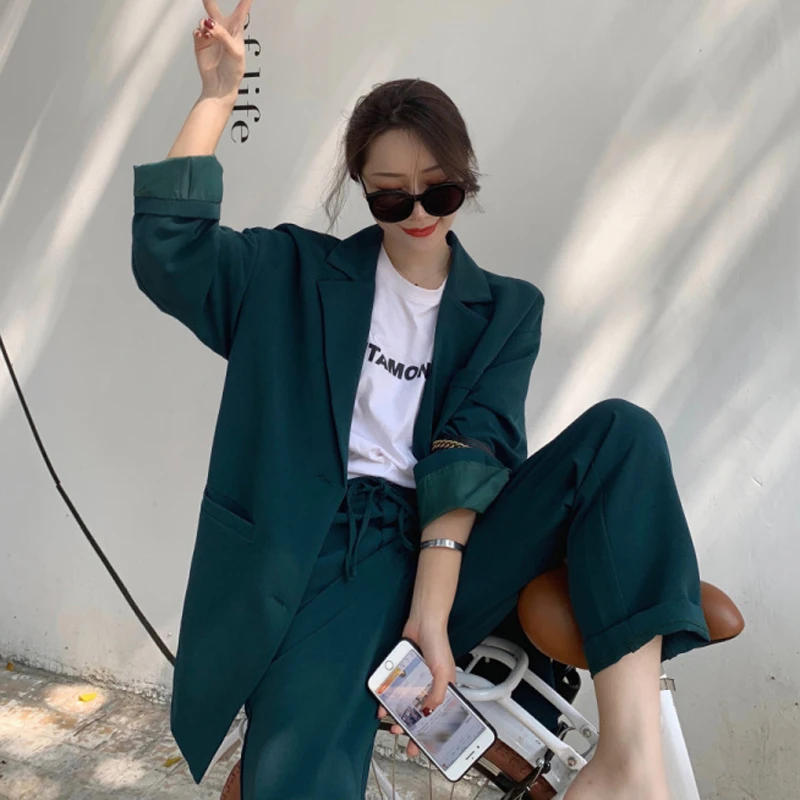 

2019 Vintage Drak Green Women Pant Suits Notched Collar Jacket Drawstring Straight Pants Female Casual 2 Pieces Set