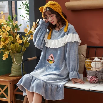 

Women's nightdress flannel pajamas women's autumn and winter thick plus plush ladies nightdress winter warm clothing