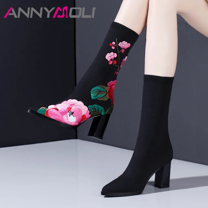 

ANNYMOLI Autumn Mid Calf Boots Women Boots Flower Thick High Heels Sock Boots Knitting Pointed Toe Shoes Ladies Black Size 34-41