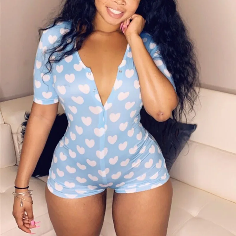 Rompers Women Sleepwear Love Heart Pattern Stretch Button Short Sleeve Jumpsuit XS-2XL For Adults Femal Pyjamas Onesies