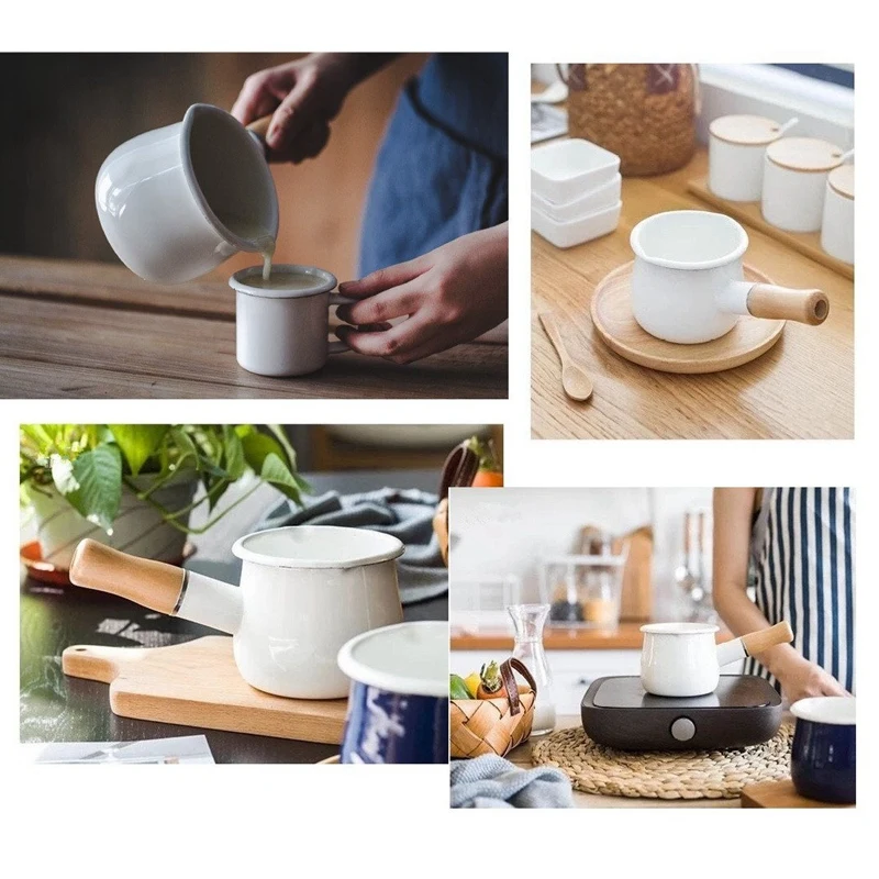 Hot Sale Enamel Milk Pan, Mini Butter Warmer 10cm Enamelware Saucepan Pan Cookware with Wooden Handle, Perfect Size for Heating