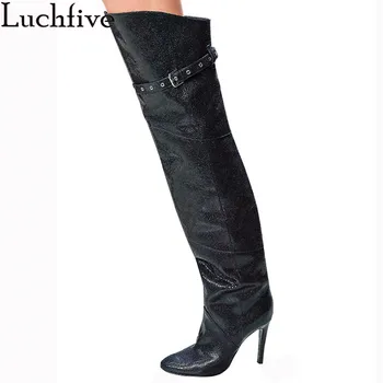 

Glitter Buckle Belts Over The Knee Boots Women Gladiator High Heels Winter Boots Pointy Toe T-Show Shoes Woman Black Boots Femme