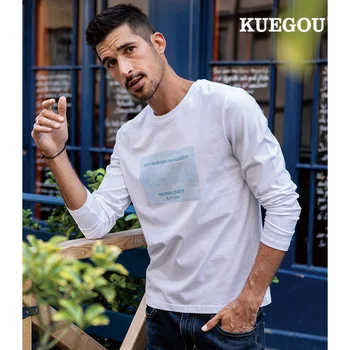 

KUEGOU 100% Cotton Clothing 2020 Spring Man T-shirt Long Sleeve Printing Tshirt Autumn Fashion White T Shirt Men Top ZT-88063