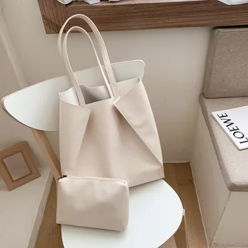 

Large-Capacity Two-Piece Set Tote Different Size Bags New High-End Pure Color Retro Pu Shopping Casual Women's Bag in Summer